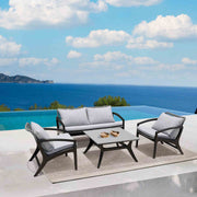 Beckham 4 Piece Outdoor Patio Seating Set in Dark Eucalyptus Wood with Gray Rope and White Cushions - Furniture City (CA)l
