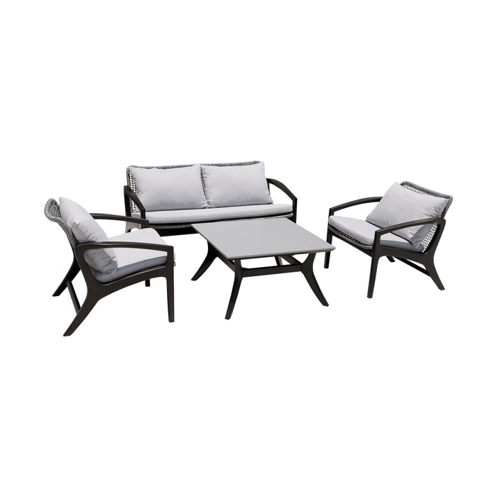 Beckham 4 Piece Outdoor Patio Seating Set in Dark Eucalyptus Wood with Gray Rope and White Cushions