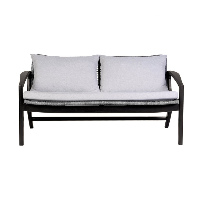 Beckham 4 Piece Outdoor Patio Seating Set in Dark Eucalyptus Wood with Gray Rope and White Cushions