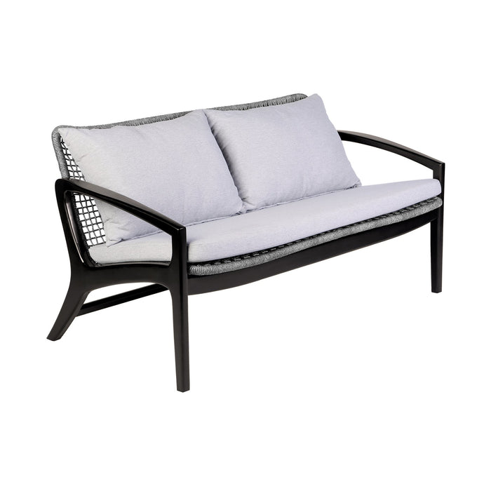 Beckham 4 Piece Outdoor Patio Seating Set in Dark Eucalyptus Wood with Gray Rope and White Cushions