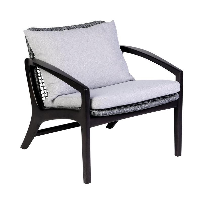 Beckham Outdoor Chair in Dark Eucalyptus Wood and Gray Rope with White Cushions - Furniture City (CA)l