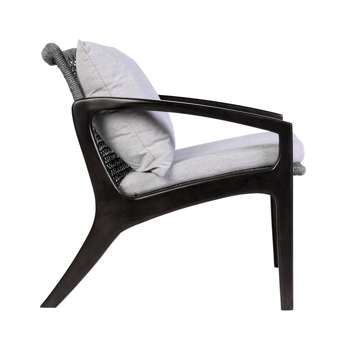 Beckham Outdoor Chair in Dark Eucalyptus Wood and Gray Rope with White Cushions