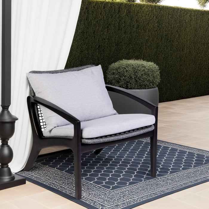 Beckham Outdoor Chair in Dark Eucalyptus Wood and Gray Rope with White Cushions
