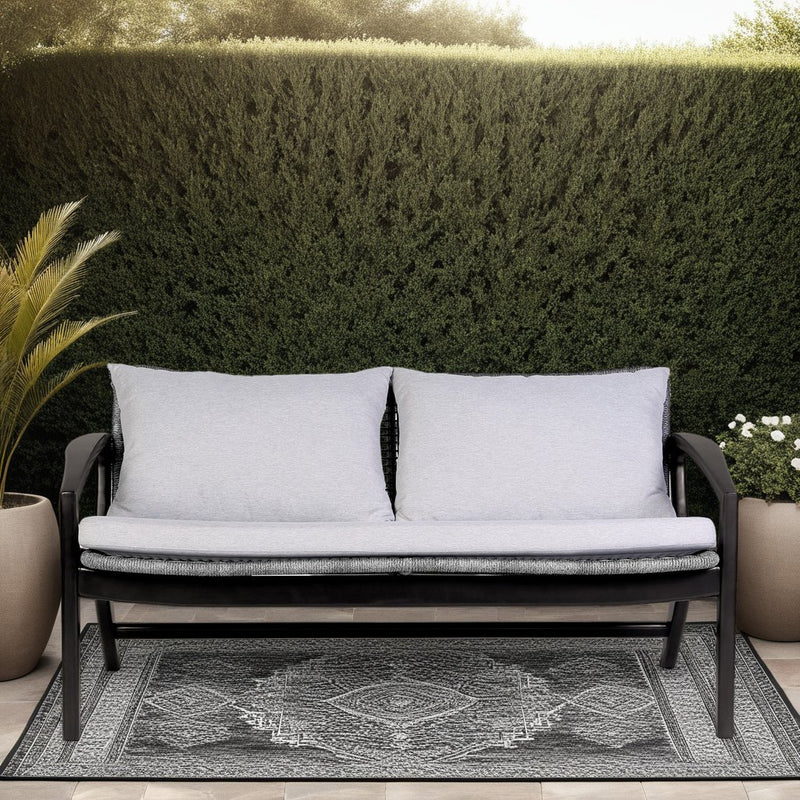 Beckham Outdoor Sofa in Dark Eucalyptus Wood and Gray Rope with White Cushions - Furniture City (CA)l