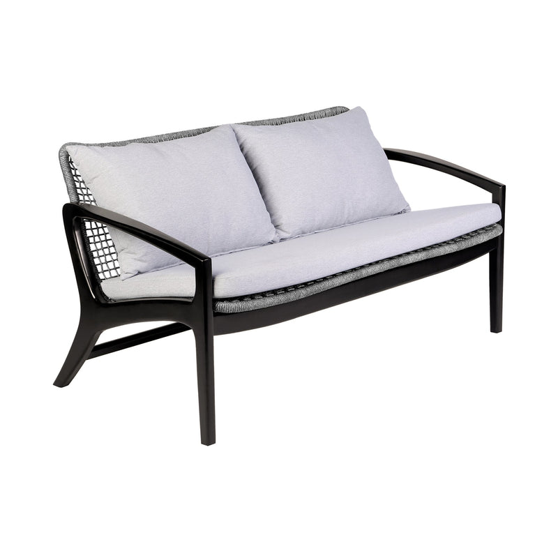 Beckham Outdoor Sofa in Dark Eucalyptus Wood and Gray Rope with White Cushions - Furniture City (CA)l