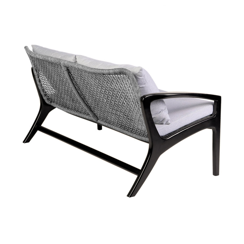 Beckham Outdoor Sofa in Dark Eucalyptus Wood and Gray Rope with White Cushions - Furniture City (CA)l