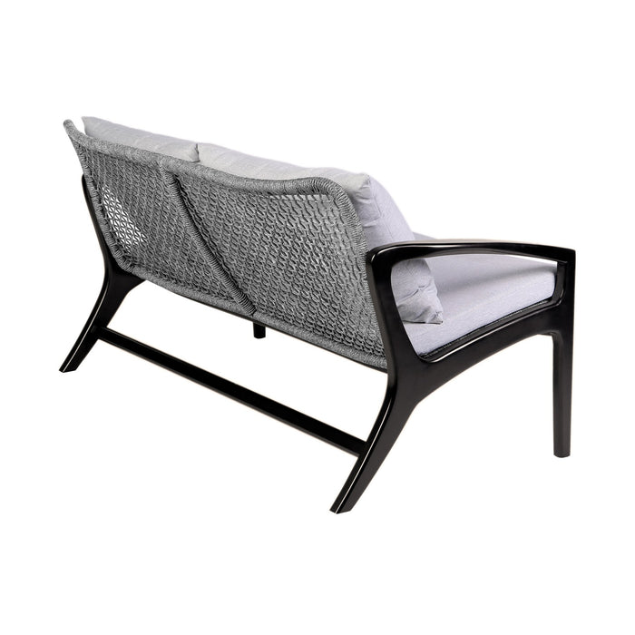 Beckham Outdoor Sofa in Dark Eucalyptus Wood and Gray Rope with White Cushions