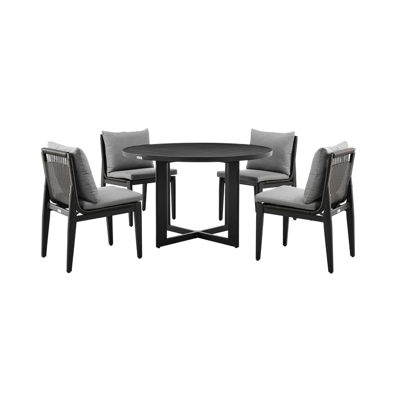 Cayman Outdoor Patio 5-Piece Round Dining Table Set in Aluminum with Gray Cushions - Furniture City (CA)l