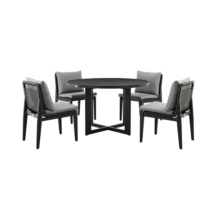 Cayman Outdoor Patio 5-Piece Round Dining Table Set in Aluminum with Gray Cushions
