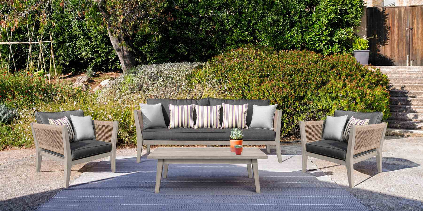 Condesa 4 Piece Outdoor Patio Furniture Set in Acacia Wood and Rope with Charcoal Cushions
