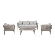 Condesa 4 Piece Outdoor Patio Furniture Set in Acacia Wood and Rope with Gray Cushions - Furniture City (CA)l