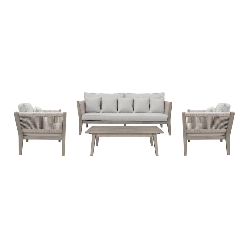 Condesa 4 Piece Outdoor Patio Furniture Set in Acacia Wood and Rope with Gray Cushions - Furniture City (CA)l