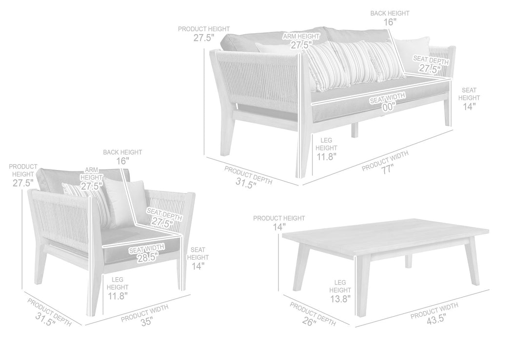 Condesa 4 Piece Outdoor Patio Furniture Set in Acacia Wood and Rope with Gray Cushions