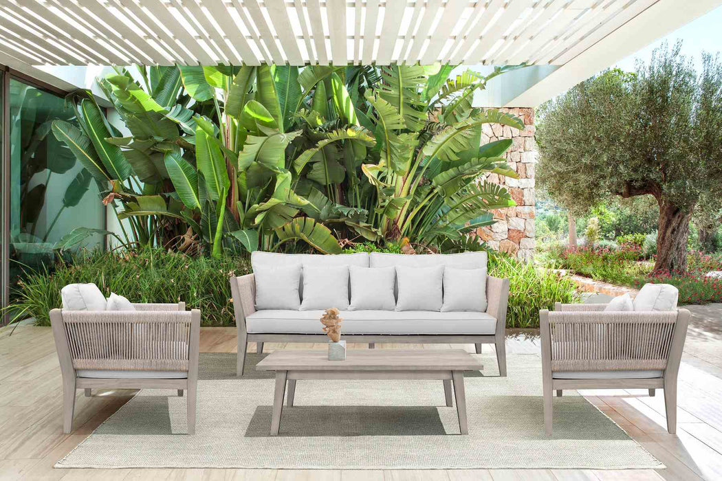 Condesa 4 Piece Outdoor Patio Furniture Set in Acacia Wood and Rope with Gray Cushions