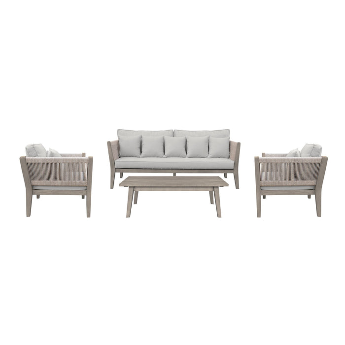 Condesa 4 Piece Outdoor Patio Furniture Set in Acacia Wood and Rope with Gray Cushions