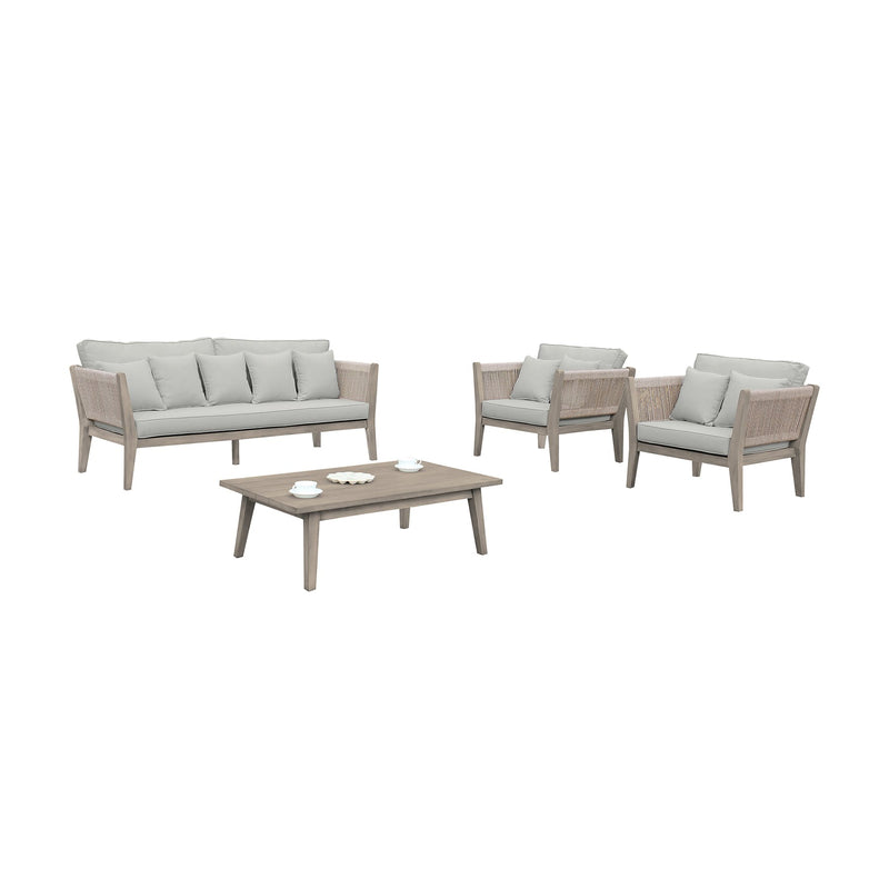 Condesa 4 Piece Outdoor Patio Furniture Set in Acacia Wood and Rope with Gray Cushions - Furniture City (CA)l