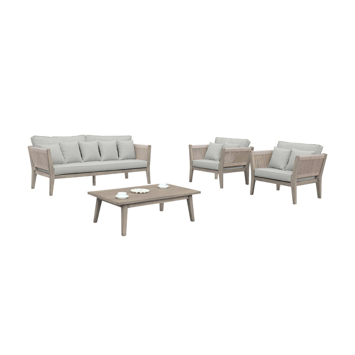 Condesa 4 Piece Outdoor Patio Furniture Set in Acacia Wood and Rope with Gray Cushions