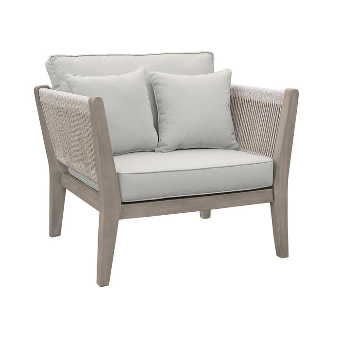 Condesa 4 Piece Outdoor Patio Furniture Set in Acacia Wood and Rope with Gray Cushions