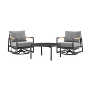 Crown and Clementine 3 Piece Outdoor Patio Swivel Seating Set in Black Aluminum with Teak Wood and Gray Cushions - Furniture City (CA)l