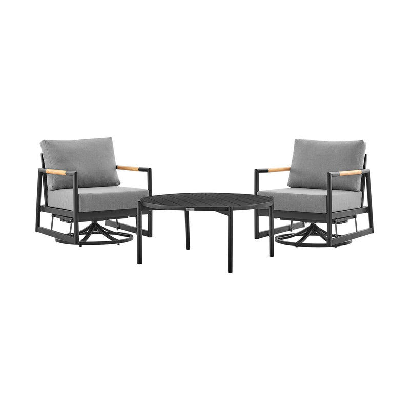 Crown and Clementine 3 Piece Outdoor Patio Swivel Seating Set in Black Aluminum with Teak Wood and Gray Cushions - Furniture City (CA)l