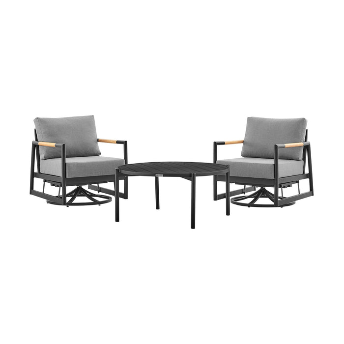 Crown and Clementine 3 Piece Outdoor Patio Swivel Seating Set in Black Aluminum with Teak Wood and Gray Cushions