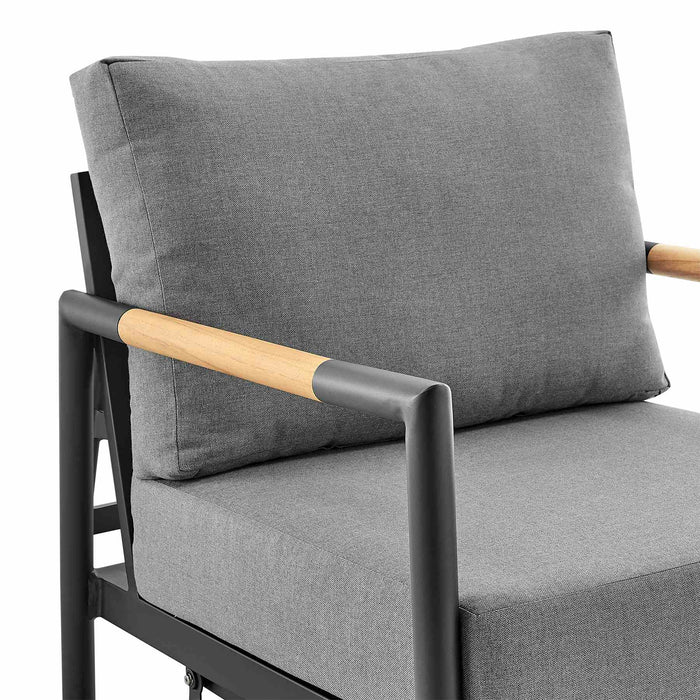 Crown and Clementine 3 Piece Outdoor Patio Swivel Seating Set in Black Aluminum with Teak Wood and Gray Cushions