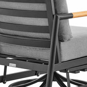 Crown and Clementine 3 Piece Outdoor Patio Swivel Seating Set in Black Aluminum with Teak Wood and Gray Cushions - Furniture City (CA)l