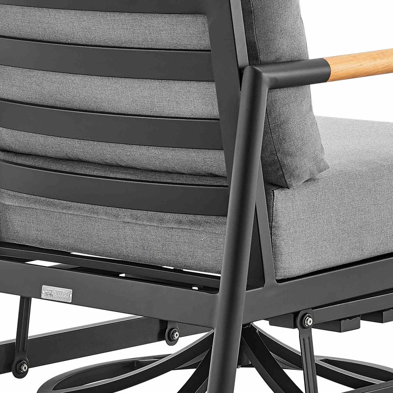 Crown and Clementine 3 Piece Outdoor Patio Swivel Seating Set in Black Aluminum with Teak Wood and Gray Cushions - Furniture City (CA)l