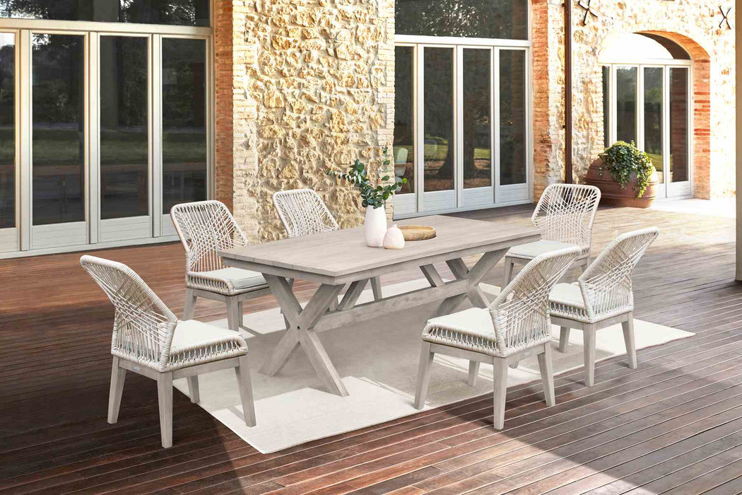 Costa Outdoor Patio 7-Piece Dining Table Set with Side Chairs in Gray Acacia Wood and Rope