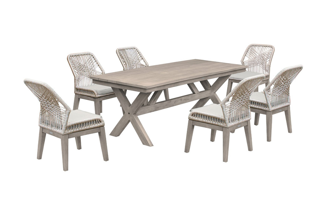 Costa Outdoor Patio 7-Piece Dining Table Set with Side Chairs in Gray Acacia Wood and Rope