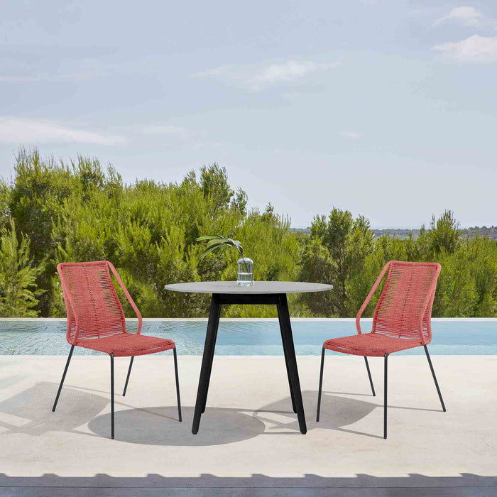 Kylie and Clip 3 Piece Outdoor Patio 36" Dining Set in Black Eucalyptus Wood and Brick Red Rope