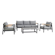 Crown 4 Piece Black Aluminum and Teak Outdoor Seating Set with Dark Gray Cushions - Furniture City (CA)l