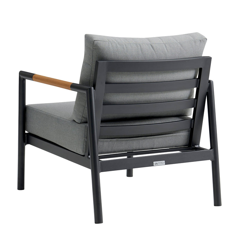 Crown 4 Piece Black Aluminum and Teak Outdoor Seating Set with Dark Gray Cushions - Furniture City (CA)l
