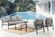 Crown 4 Piece Black Aluminum and Teak Outdoor Seating Set with Dark Gray Cushions - Furniture City (CA)l