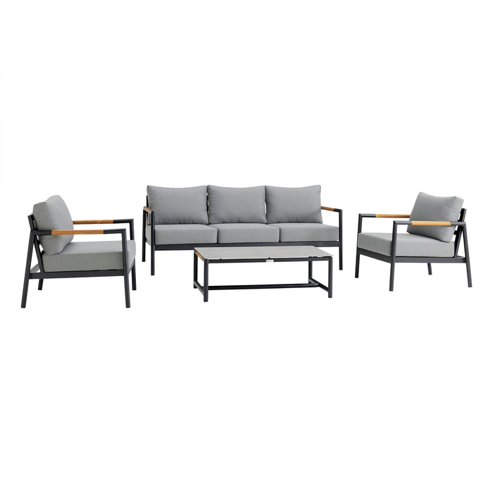 Crown Aluminum and Teak Wood Outdoor Sofa in Black and Dark Gray