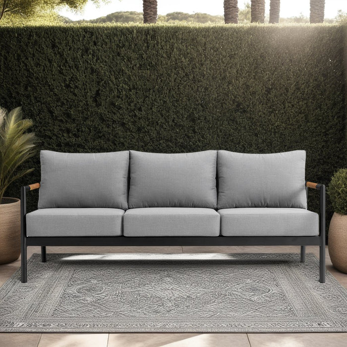 Crown Aluminum and Teak Wood Outdoor Sofa in Black and Dark Gray