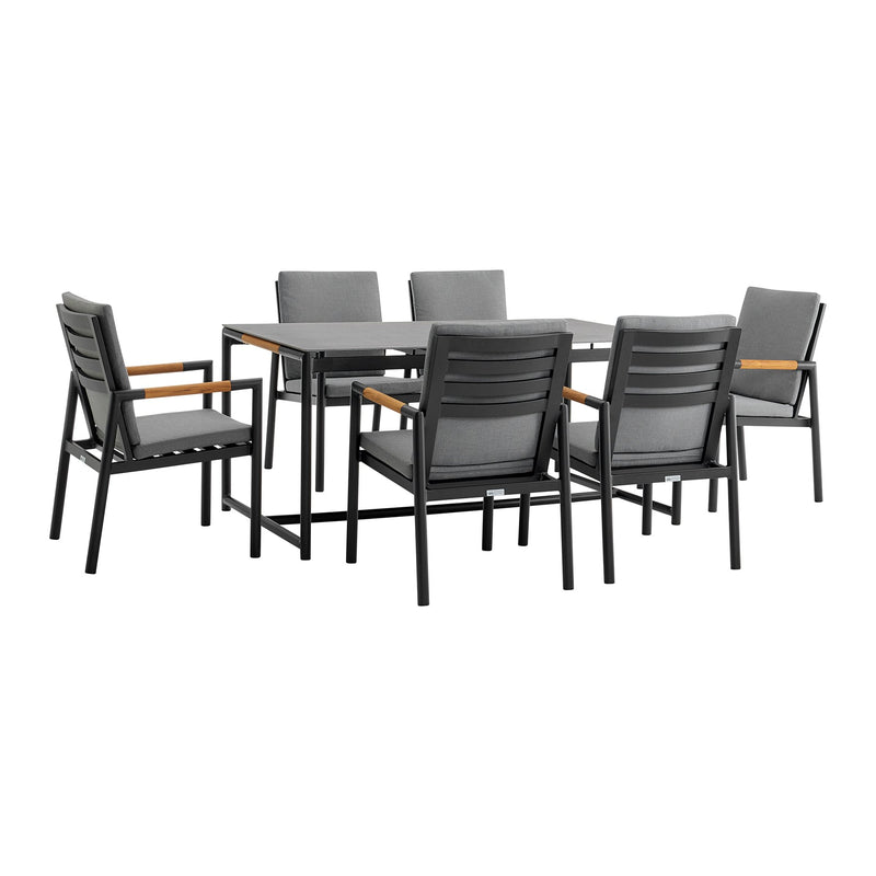 Crown 7 Piece Black Aluminum and Teak Outdoor Dining Set with Dark Gray Fabric - Furniture City (CA)l