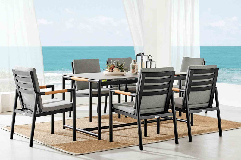 Crown 7 Piece Black Aluminum and Teak Outdoor Dining Set with Dark Gray Fabric - Furniture City (CA)l