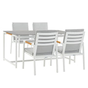Crown 5 Piece White Aluminum and Teak Outdoor Dining Set with Light Gray Fabric - Furniture City (CA)l