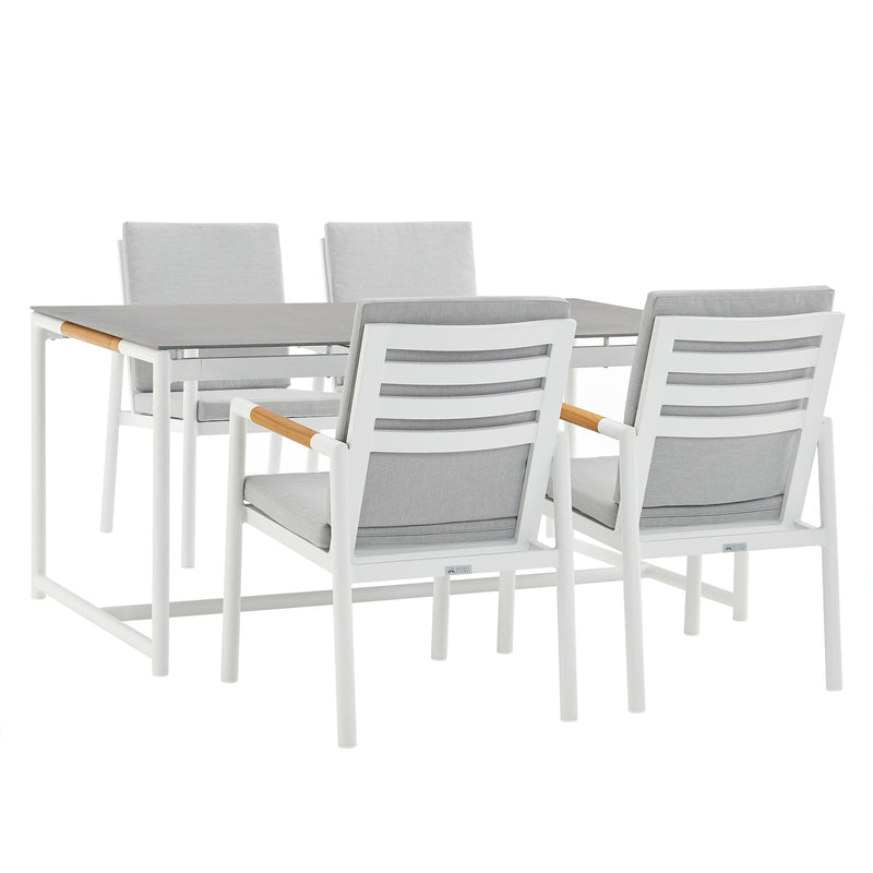 Crown 5 Piece White Aluminum and Teak Outdoor Dining Set with Light Gray Fabric - Furniture City (CA)l