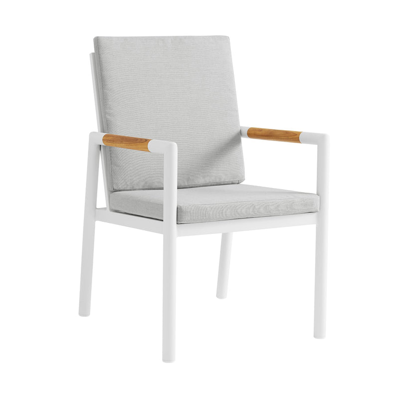 Crown 5 Piece White Aluminum and Teak Outdoor Dining Set with Light Gray Fabric - Furniture City (CA)l