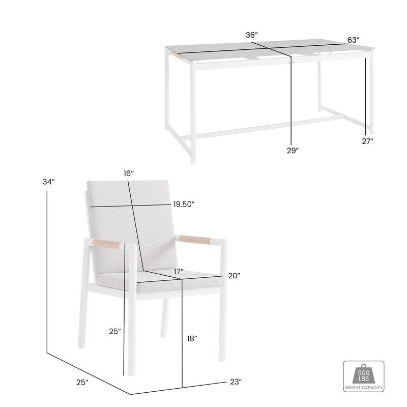 Crown 5 Piece White Aluminum and Teak Outdoor Dining Set with Light Gray Fabric - Furniture City (CA)l