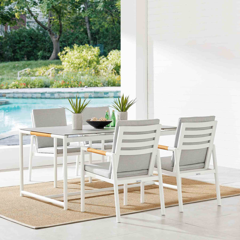 Crown 5 Piece White Aluminum and Teak Outdoor Dining Set with Light Gray Fabric - Furniture City (CA)l