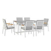 Crown 7 Piece White Aluminum and Teak Outdoor Dining Set with Light Gray Fabric - Furniture City (CA)l