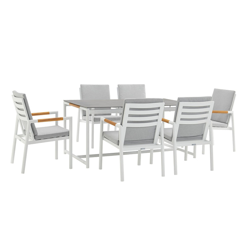 Crown 7 Piece White Aluminum and Teak Outdoor Dining Set with Light Gray Fabric - Furniture City (CA)l