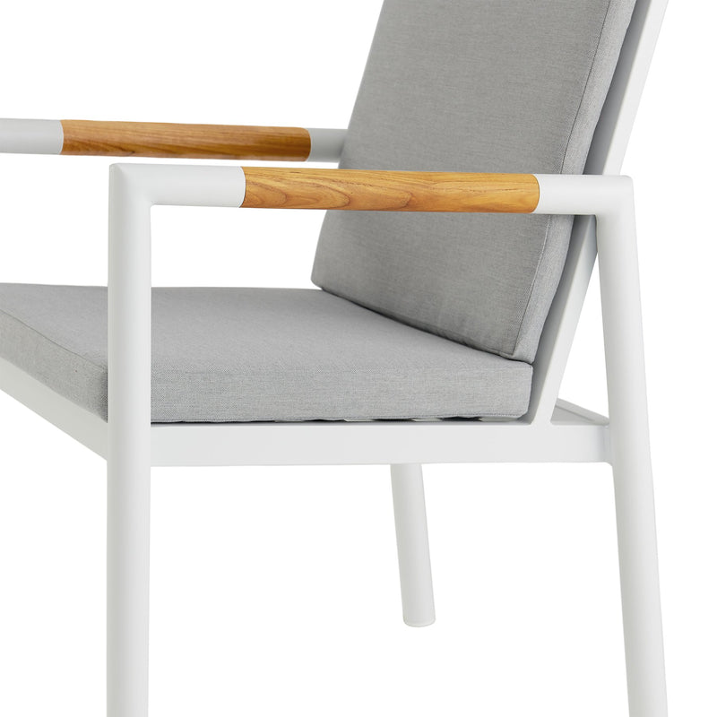 Crown 7 Piece White Aluminum and Teak Outdoor Dining Set with Light Gray Fabric - Furniture City (CA)l