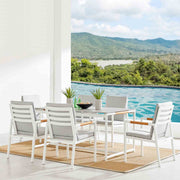 Crown 7 Piece White Aluminum and Teak Outdoor Dining Set with Light Gray Fabric - Furniture City (CA)l