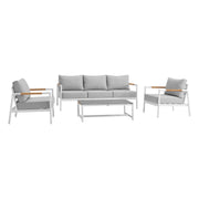 Crown 4 Piece White Aluminum and Teak Outdoor Seating Set with Light Gray Cushions - Furniture City (CA)l