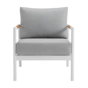 Crown 4 Piece White Aluminum and Teak Outdoor Seating Set with Light Gray Cushions - Furniture City (CA)l