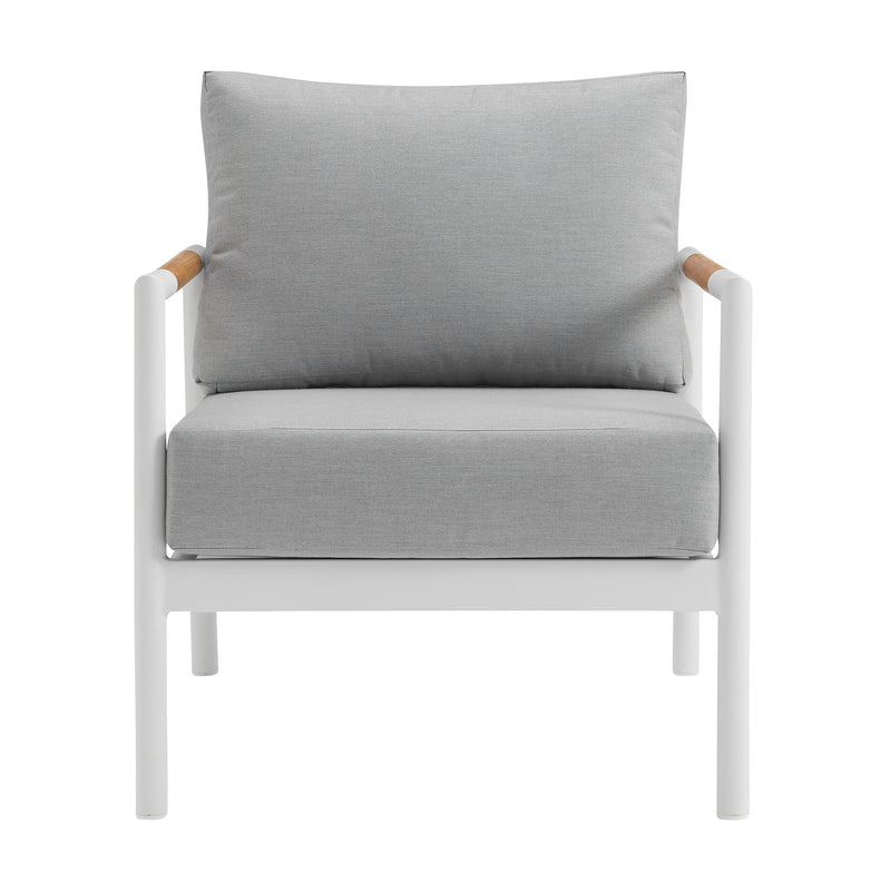 Crown 4 Piece White Aluminum and Teak Outdoor Seating Set with Light Gray Cushions - Furniture City (CA)l